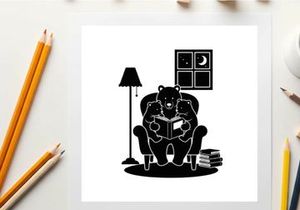 A silhouette of a bear reading in a cozy chair at night