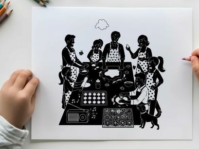 Family cooking together in a kitchen with silhouette