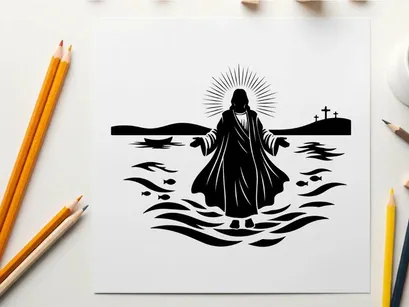 Jesus christ silhouette walking on water with radiant halo
