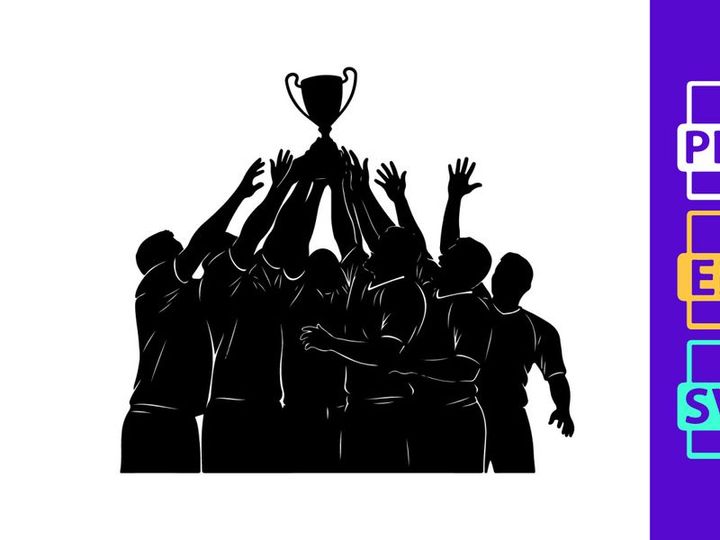A group of people celebrating with a trophy in a victorious gesture together