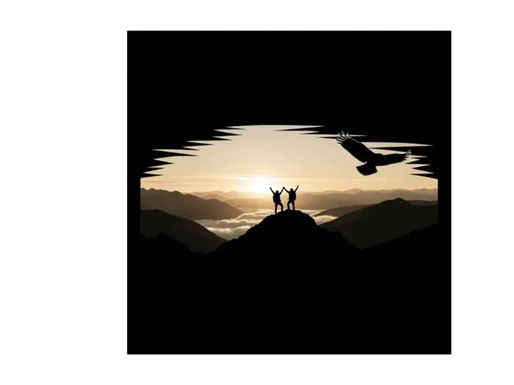 Silhouette of people and airplane at sunset on a mountain