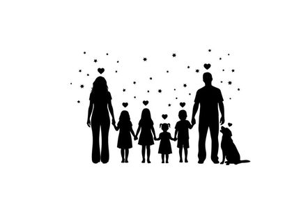 Silhouette of a loving family with children and dog surrounded by hearts