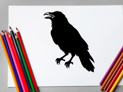 Silhouette of a Crow Perched on a Branch in Black and White