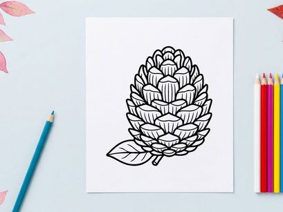 Ilustrasi kerucut pinus dengan daun. Gambar botanis artistik untuk tema alam.