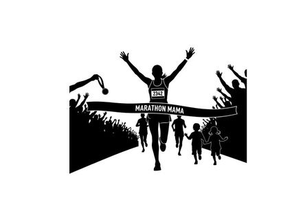 Marathon runner silhouette crossing finish line with cheering crowd silhouette