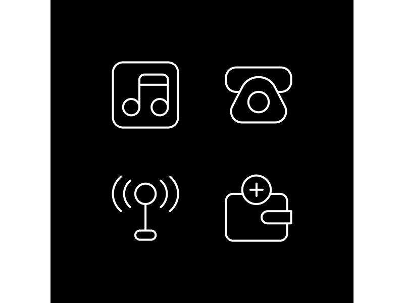 Mobile interface white linear icons set for dark theme