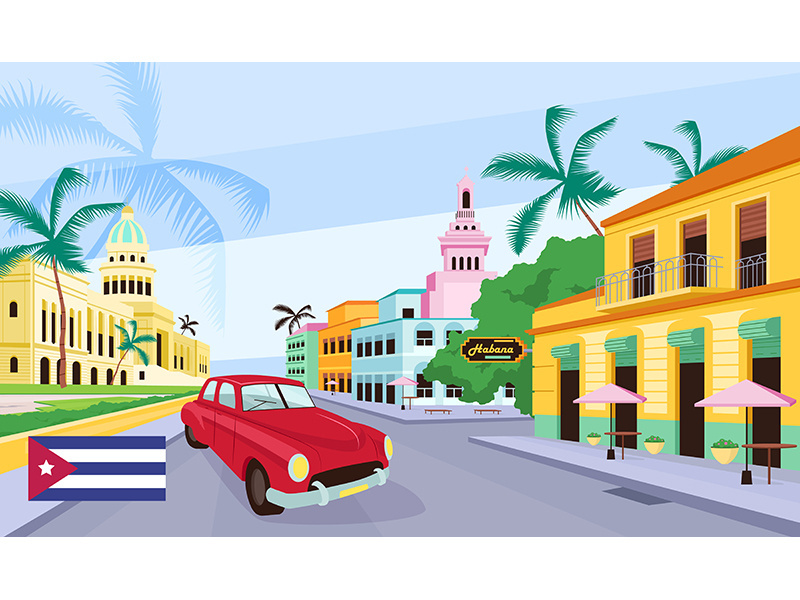 Cuban old street flat color vector illustration