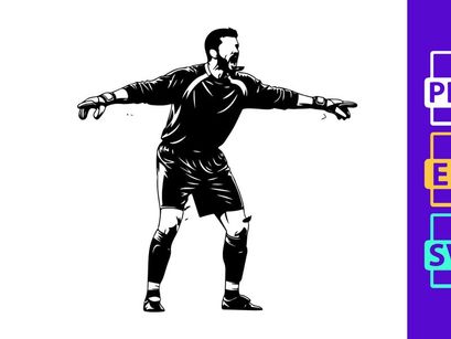 Soccer player in action pointing sideways with arms outstretched in black and white