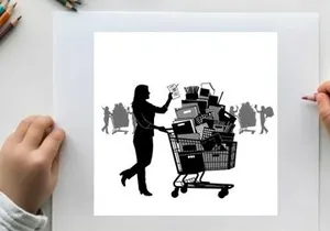 Silhouette of woman pushing overloaded shopping cart with groceries and household items