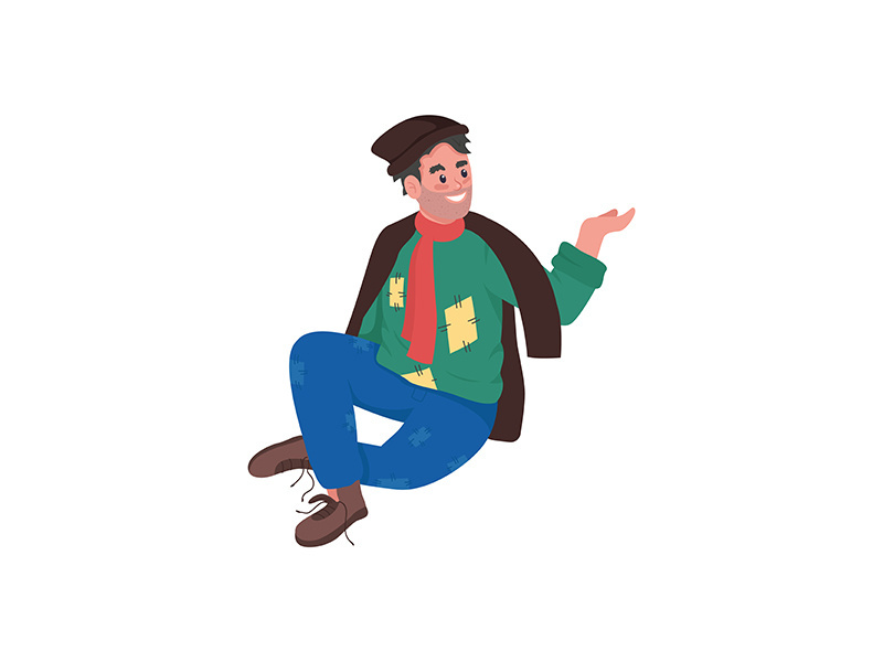 Happy homeless man flat color vector detailed character