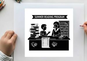 Summer reading program silhouette illustration of kids and librarian