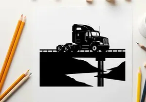 Silhouette of a semi truck on a bridge with mountains