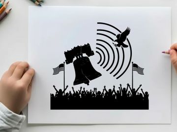 Liberty bell silhouette with eagle and american flags waving preview picture