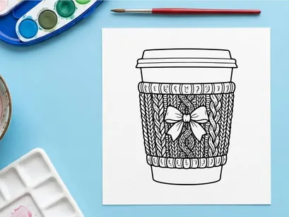 Taza de café navideña con funda tejida y moño, página para colorear bebida festiva