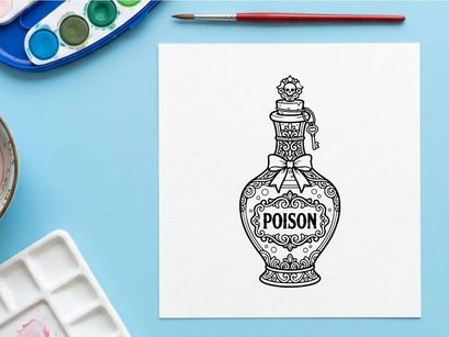 Vintage poison bottle with skull and crossbones warning label. Antique toxic chemical container illustration for safety hazard and danger concept.