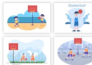 17 Kids Cartoon Playing Basketball Flat Illustration