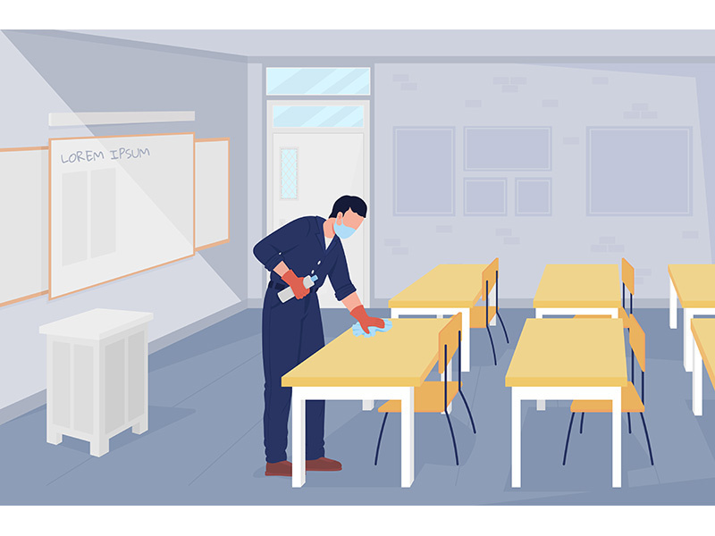 School janitor in the classroom flat color vector illustration