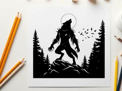 Silhouette of a werewolf howling at the full moon in forest