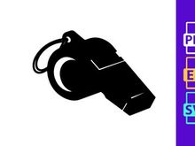 A black and white image of a referee whistle with a ring