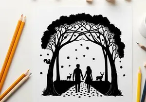 Romantic silhouette of couple walking hand in hand under tree arch
