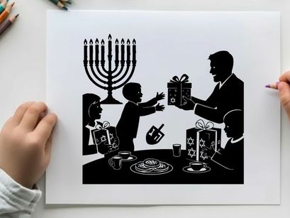 Silhouette of a family celebrating hanukkah with gift giving and traditional foods