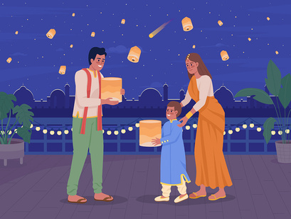 Diwali celebration flat color vector illustrations set