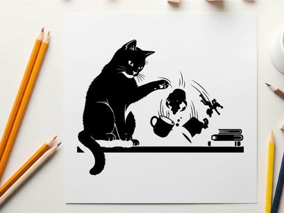 Mischievous cat silhouette causing chaos with falling objects