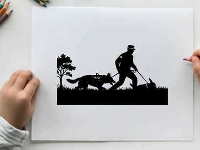 Police officer and dog in silhouette searching for evidence