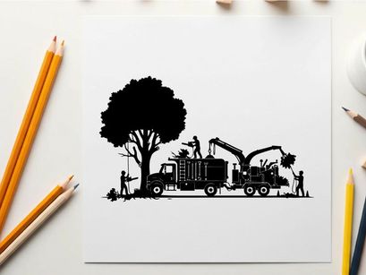 Tree removal service workers with truck and equipment silhouette