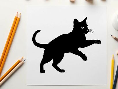 Black cat silhouette running to the right with eyes glowing