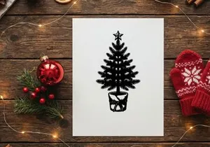 Christmas tree in a pot with a star topper, black and white hand drawn illustration.
