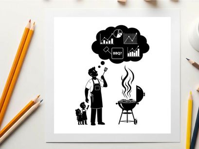 Silhouette of man grilling with dog and business graphs in thought