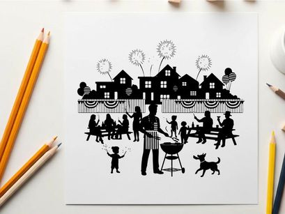 4th of july neighborhood block party with silhouette