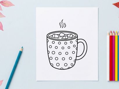 Polka Dot Mug with Hot Cocoa and Marshmallows Line Art