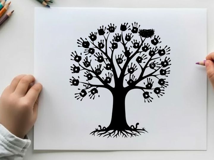 Silhouette of a tree with flowers and roots visible