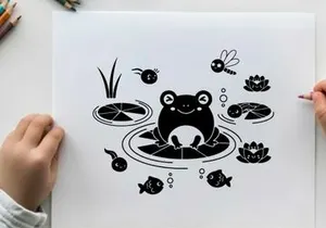 Frog silhouette sitting on a lily pad surrounded by aquatic life silhouette