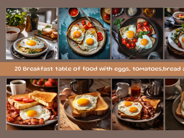 Breakfast table of food with eggs, tomatoes, bread and tea preview picture
