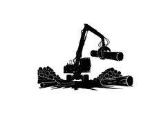 Silhouette of a mechanical logger with logs and a white background