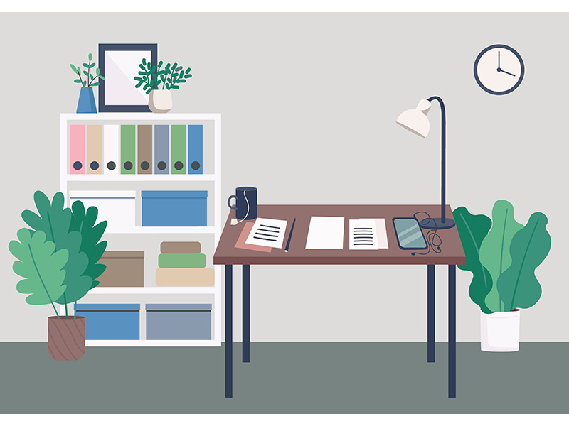 Writer workplace flat color vector illustration