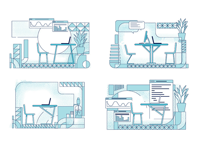 Modern office interior designs outline vector illustrations set