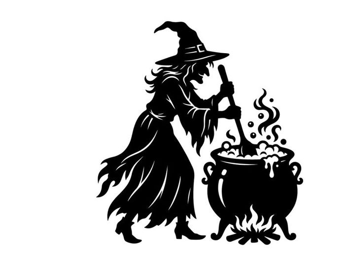 Witch Stirring Potion in Cauldron for Halloween or Fantasy Scene