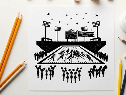 American football stadium silhouette with cheerleaders and players