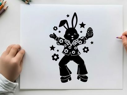 Silhouette of a funky dancing rabbit in flowers and stars