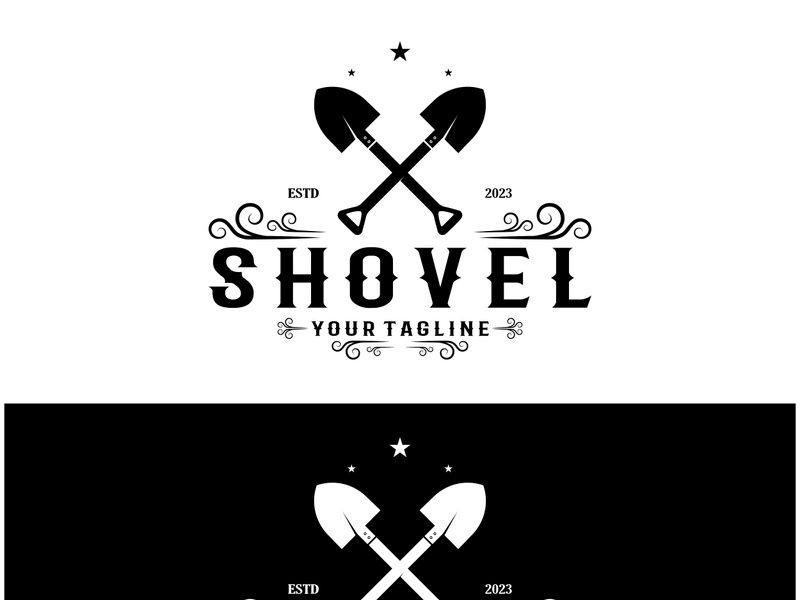 Shovel logo for agriculture, excavation,building, mining foundation. gardening vector set design with leaves