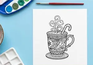 Taza elegante de Navidad con vapor y espiral de bastón de caramelo que surge de la bebida festiva