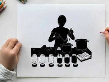 Silhouette of a person cooking with various kitchen utensils and ingredients preview picture