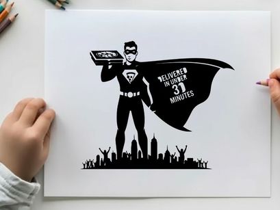 Superhero silhouette delivering food in 30 minutes guaranteed