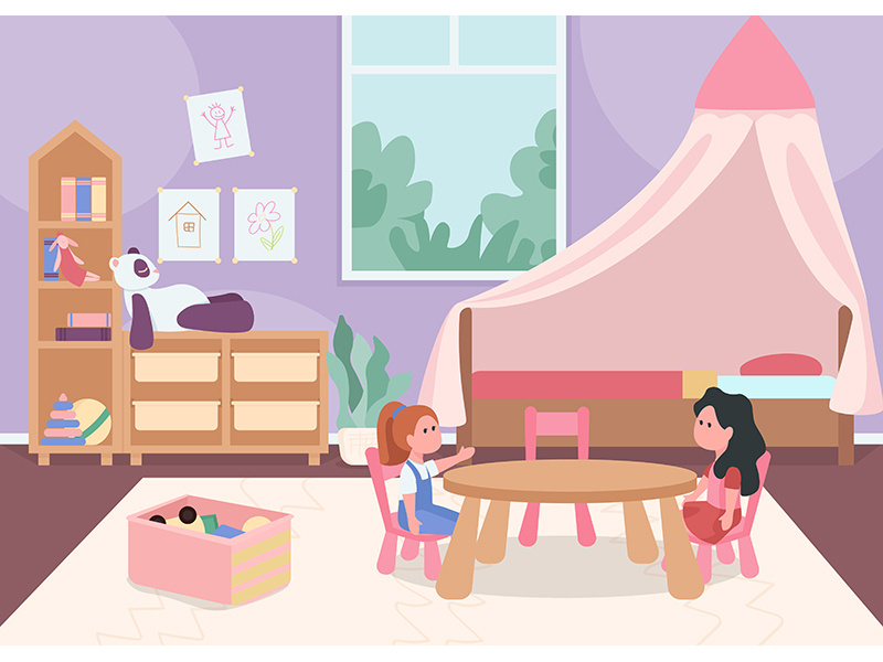 Child bedroom for female toddler flat color vector illustration