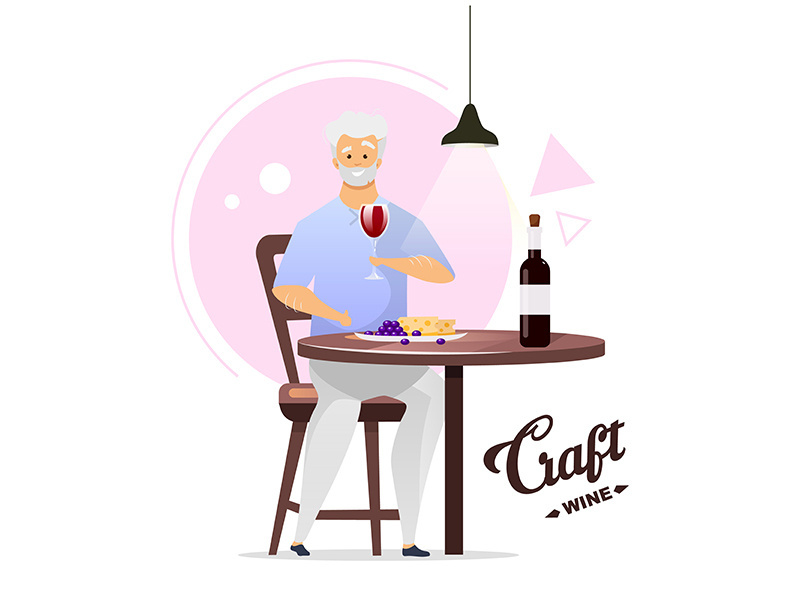 Man enjoying glass of wine flat color vector illustration