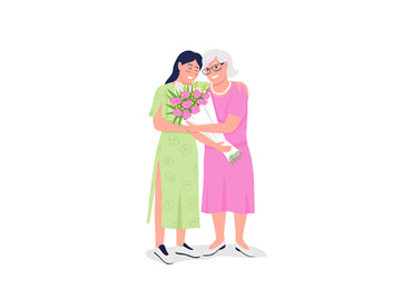 Happy elderly mother with adult daughter flat color vector detailed characters preview picture